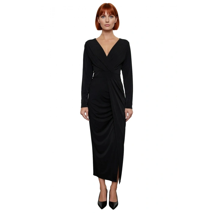 Kadın Şık Kruvaze Yaka Uzun Kollu Anvelop Bodycon Drape Detaylı Örme Maxi Abiye Elbise Kaliteli