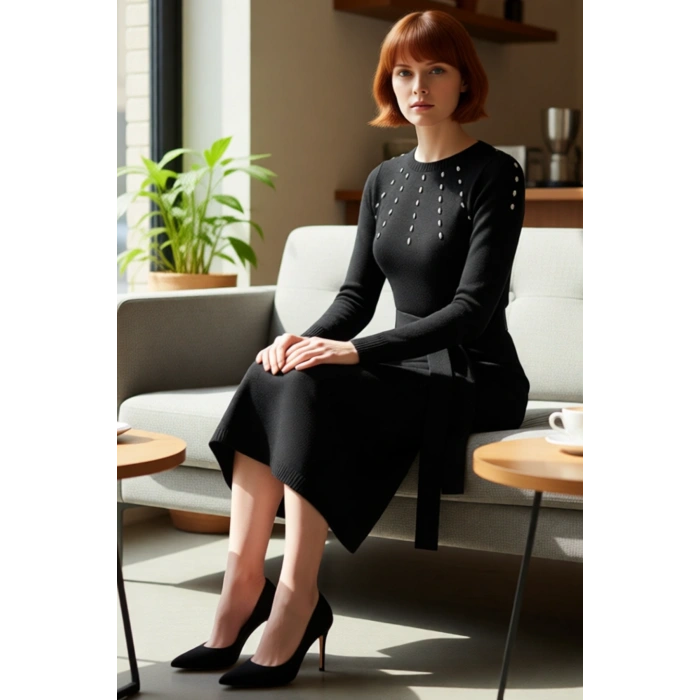 Kadın Şık Kuşaklı Taş Baskı Detaylı Triko Maxi Elbise A Line Kesim Kış Sezonu Tesettür Stili