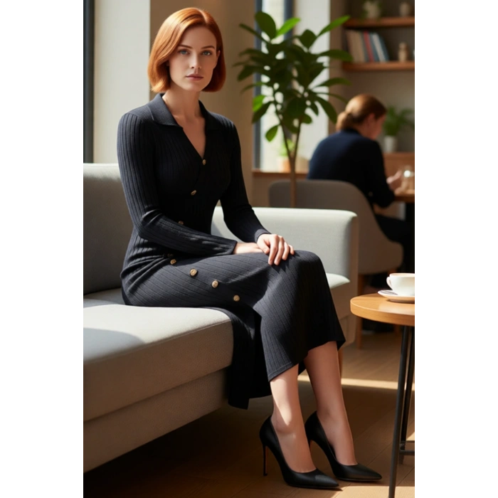 Kadın Şık Midi Bodycon Fitilli Triko Elbise Uzun Kollu V Yaka Asimetrik Düğmeli Modern Tasarım