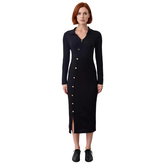 Kadın Şık Midi Bodycon Fitilli Triko Elbise Uzun Kollu V Yaka Asimetrik Düğmeli Modern Tasarım