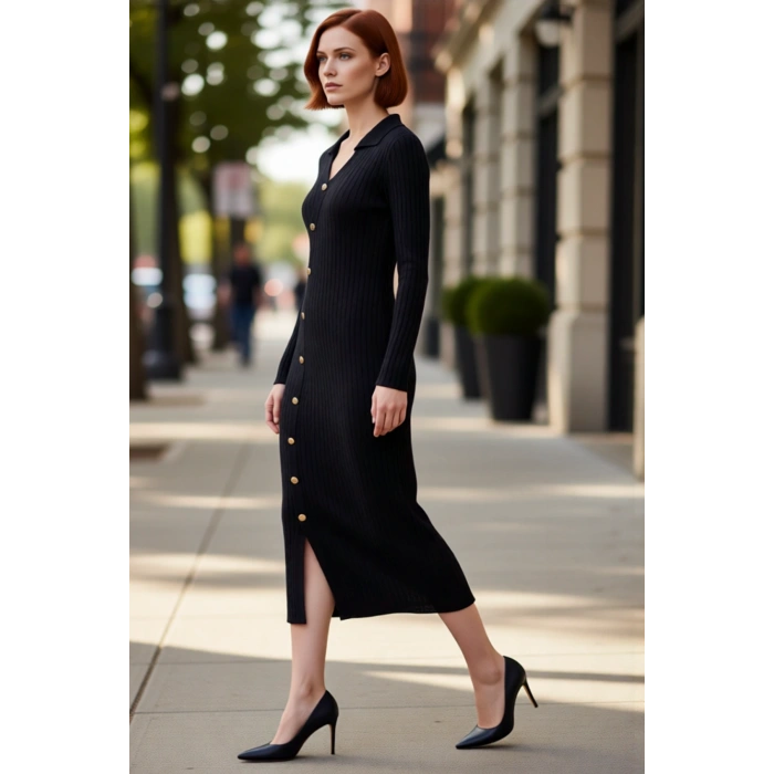 Kadın Şık Midi Bodycon Fitilli Triko Elbise Uzun Kollu V Yaka Asimetrik Düğmeli Modern Tasarım