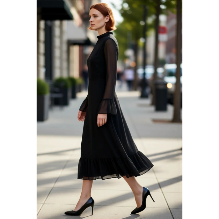 Kadın Şık Midi Boy A Kesim Dik Yaka İspanyol Kollu Astarlı Şifon Dokuma Fırfır Detaylı Kışlık Elbise