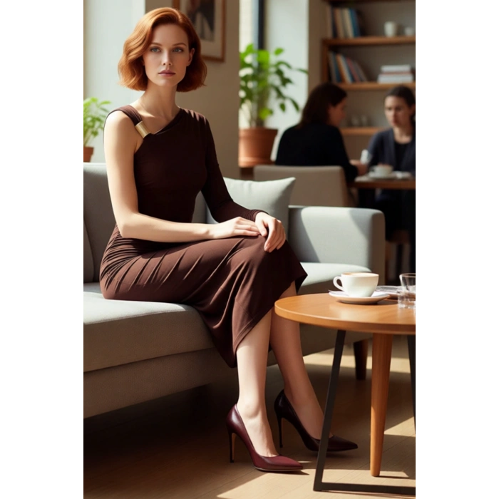 Kadın Şık Midi Boy Bodycon Asimetrik Yaka Tek Kollu Örme Elbise Aksesuar Detaylı Glam Koleksiyon