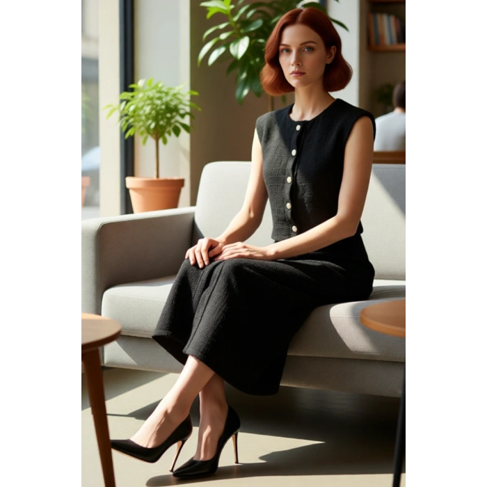 Kadın Şık Midi Boy Kolsuz Düğmeli %100 Pamuk Tüvit Ceket Elbise Gündüz Gece Kombinleri İçin