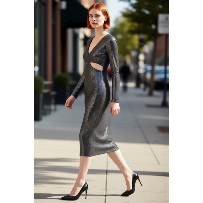 Kadın Şık Midi Boy Payetli Bodycon Elbise V Yaka Kesik Detaylı Özel Davetler İçin Göz Alıcı