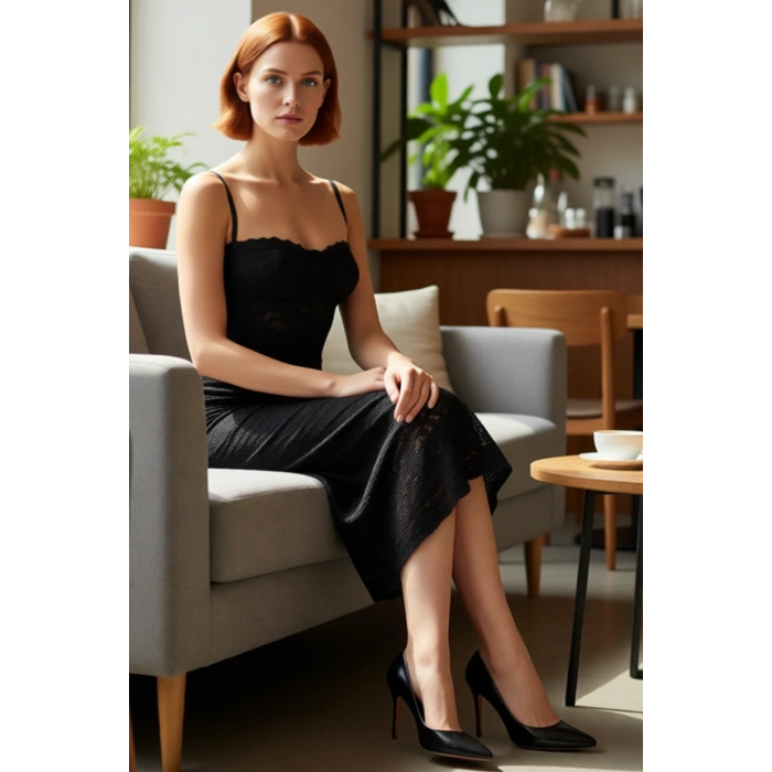 Kadın Şık Midi Elbise Astarlı Bodycon Kalıp Kalp Yaka Dantel Detaylı Özel Davetler İçin Kolsuz