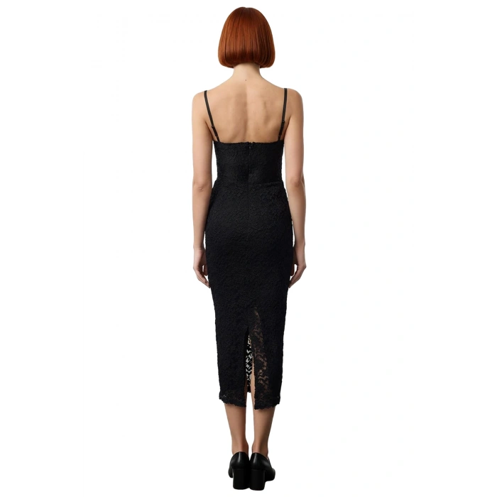 Kadın Şık Midi Elbise Astarlı Bodycon Kalıp Kalp Yaka Dantel Detaylı Özel Davetler İçin Kolsuz