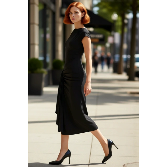 Kadın Şık Örme Sandy Dokuma Midi Elbise Gece Davetleri Mezuniyet İçin A Line Kayık Yaka. Kaliteli