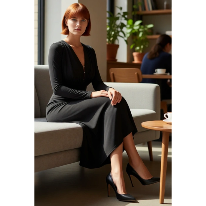 Kadın Şık Örme Siyah Maxi Elbise Derin V Yaka Agrafe Detayı İle Özel Günlerin Yıldızı Olun