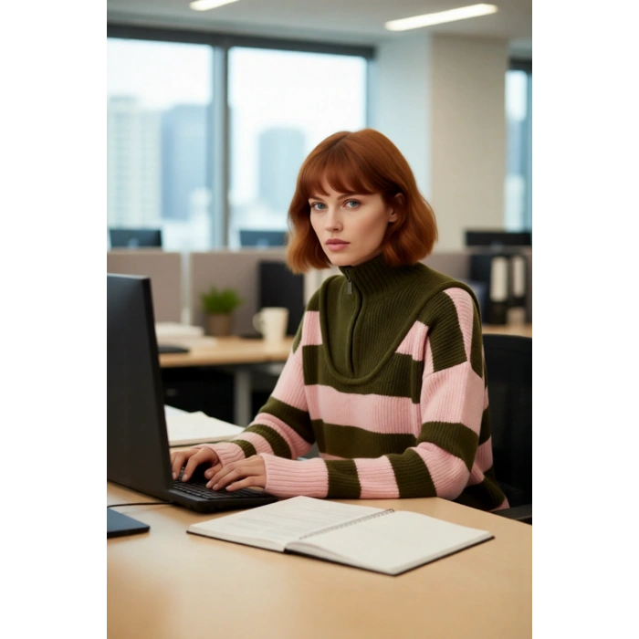 Kadın Şık Oversize Kalın Triko Kazak Selanik Dokuma Çizgili Dik Yaka Düşük Kol Kış Stili Kaliteli