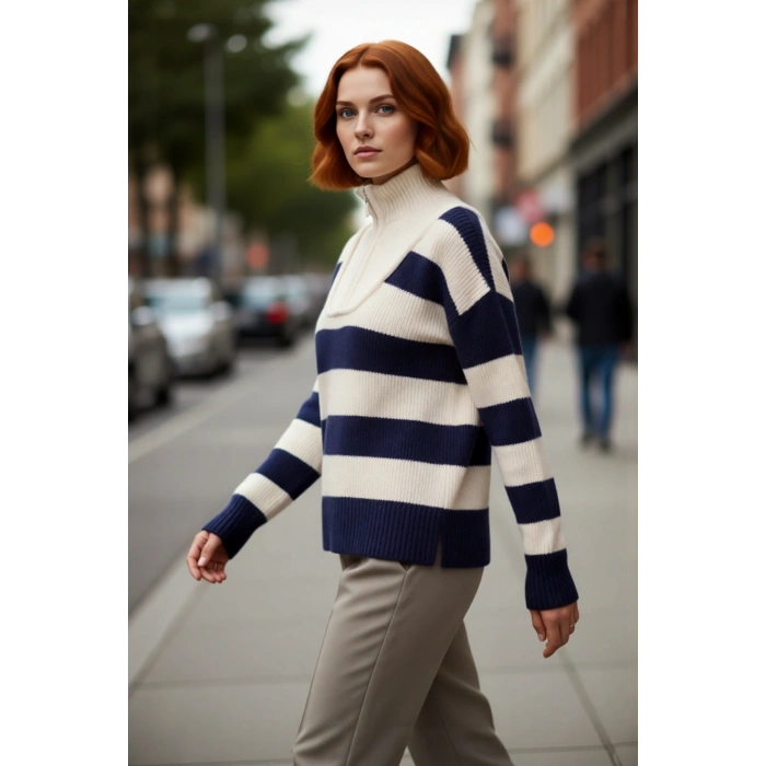 Kadın Şık Oversize Kalın Triko Kazak Selanik Dokuma Çizgili Dik Yaka Düşük Kol Kış Stili Kaliteli