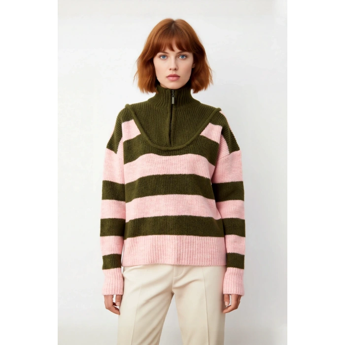 Kadın Şık Oversize Kalın Triko Kazak Selanik Dokuma Çizgili Dik Yaka Düşük Kol Kış Stili Kaliteli