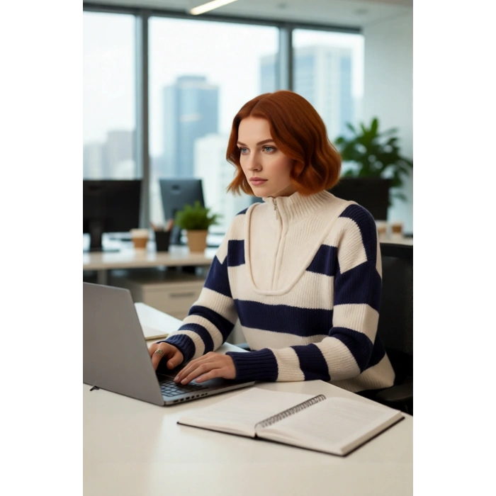 Kadın Şık Oversize Kalın Triko Kazak Selanik Dokuma Çizgili Dik Yaka Düşük Kol Kış Stili Kaliteli