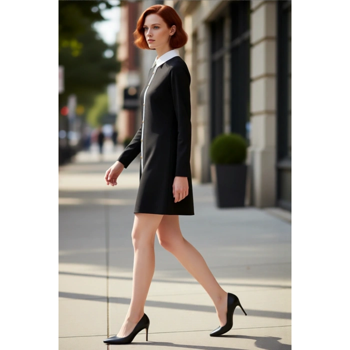 Kadın Şık Polo Yaka Uzun Kollu Shift Mini Elbise Düğmeli Detaylı Renk Bloklu Örme Tasarım Günlük