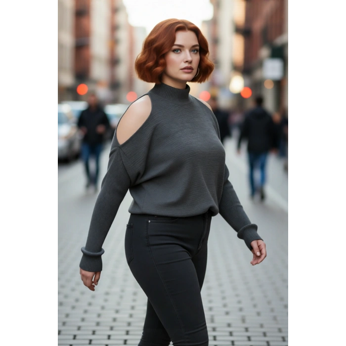 Kadın Şık Relaxed Kalıp Dik Yaka Uzun Kollu Omzu Açık Detaylı Tarz Akrilik Triko Kazak Kaliteli