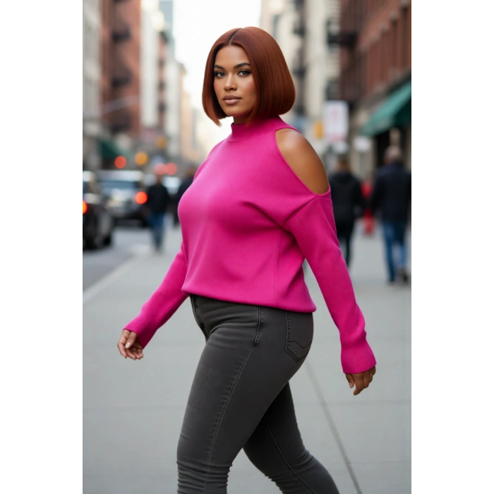 Kadın Şık Relaxed Kalıp Dik Yaka Uzun Kollu Omzu Açık Detaylı Tarz Akrilik Triko Kazak Kaliteli