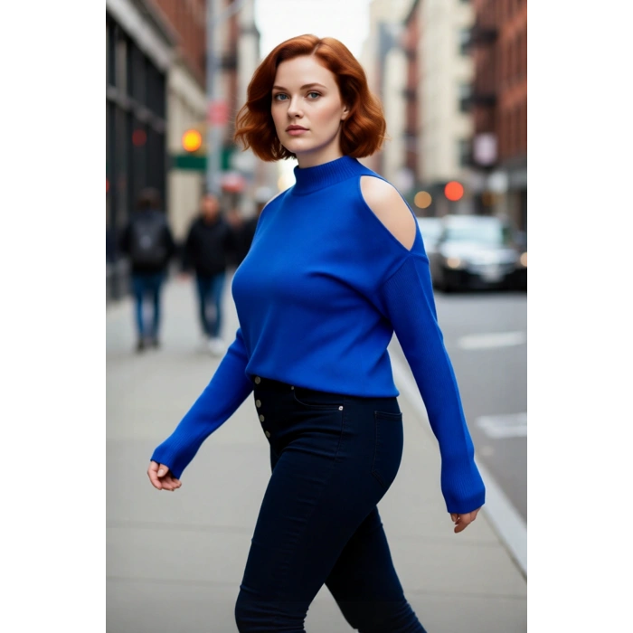 Kadın Şık Relaxed Kalıp Dik Yaka Uzun Kollu Omzu Açık Detaylı Tarz Akrilik Triko Kazak Kaliteli