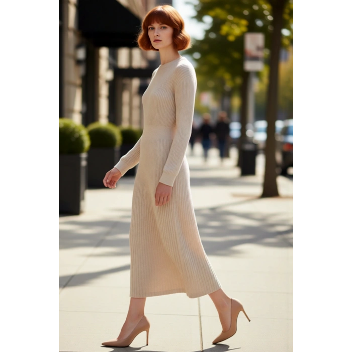 Kadın Şık Ribana Dokulu Maxi Elbise Skater Kalıp Bisiklet Yaka Uzun Kollu Kış Günleri İçin İdeal