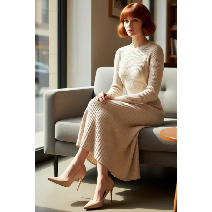 Kadın Şık Ribana Dokulu Maxi Elbise Skater Kalıp Bisiklet Yaka Uzun Kollu Kış Günleri İçin İdeal