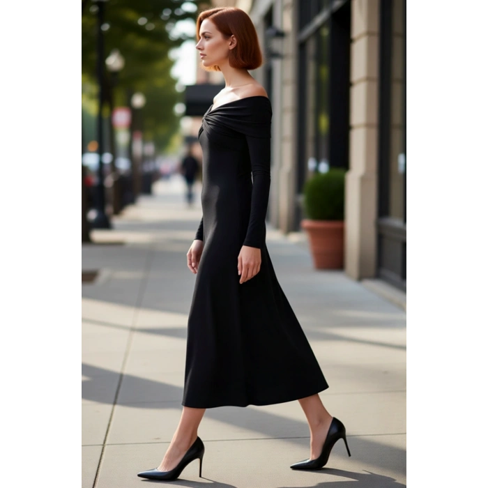 Kadın Şık Siyah Carmen Yaka Düşük Kollu Uzun Maxi Örme Elbise A Line Kalıp Drape Detaylı Kaliteli