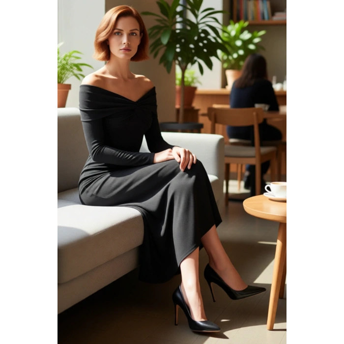 Kadın Şık Siyah Carmen Yaka Düşük Kollu Uzun Maxi Örme Elbise A Line Kalıp Drape Detaylı Kaliteli