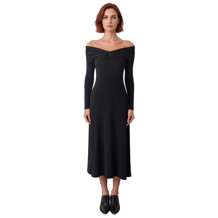 Kadın Şık Siyah Carmen Yaka Düşük Kollu Uzun Maxi Örme Elbise A Line Kalıp Drape Detaylı Kaliteli