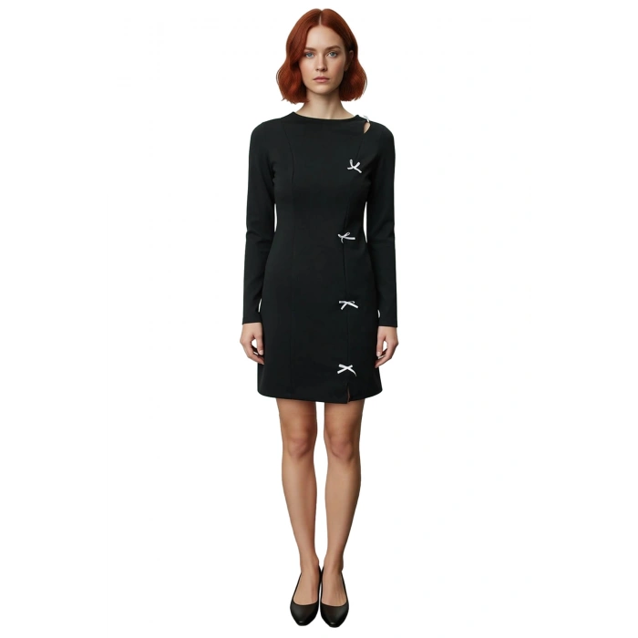 Kadın Şık Siyah Fiyonk Detaylı Uzun Kollu Bisiklet Yaka Mini Bodycone Scuba Krep Elbise Kaliteli