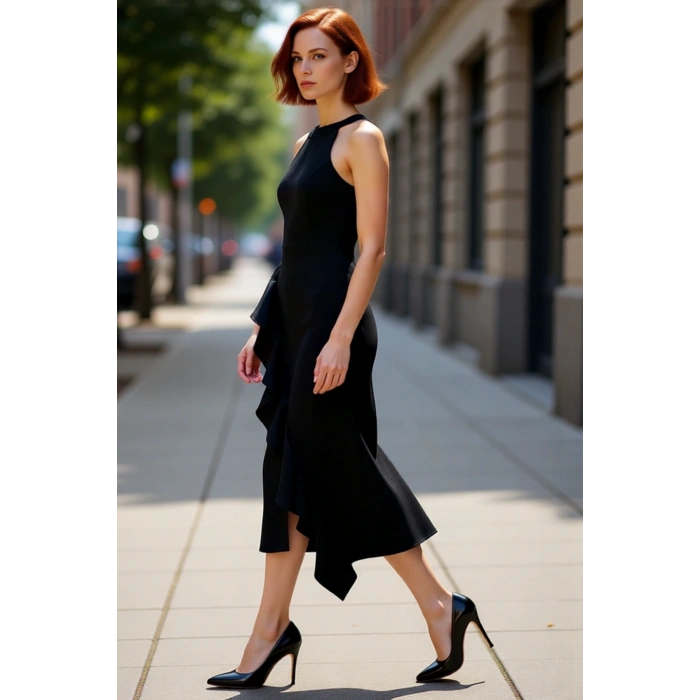 Kadın Şık Siyah Kolsuz Halter Yaka Asimetrik Volanlı Dokuma Midi Elbise Özel Geceler İçin Kaliteli