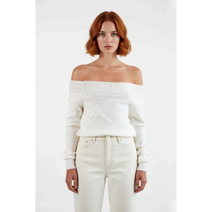 Kadın Şık Super Crop Kayık Yaka Boncuk İşlemeli Triko Kazak Oversize Rahat Kışlık Stil Kaliteli