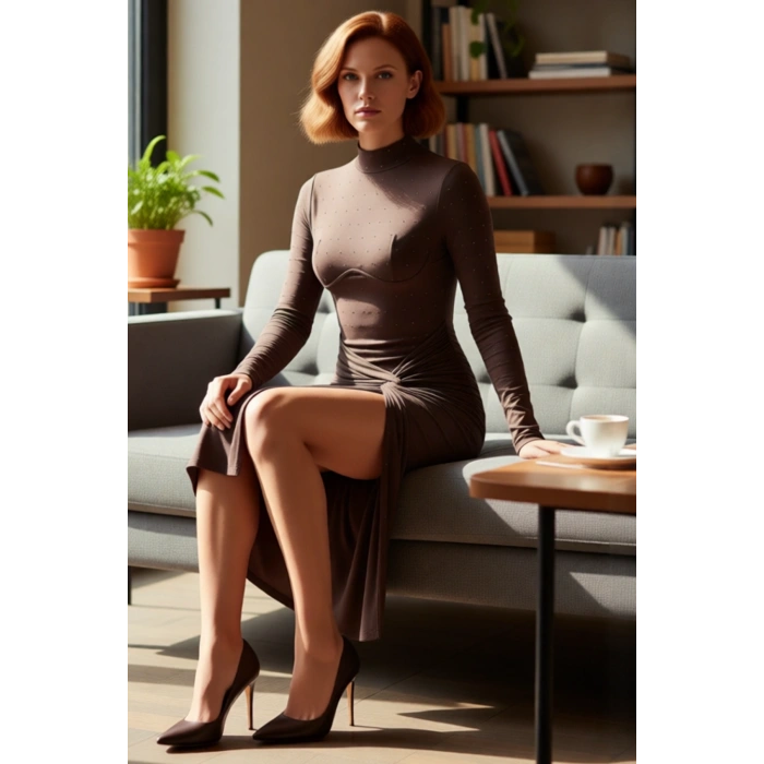 Kadın Şık Taş Baskılı Örme Uzun Kollu Maxi Abiye Elbise Dik Yaka Kruvaze Siluet Kış Davetleri İçin