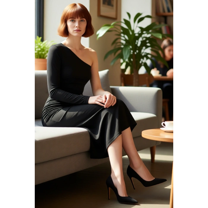 Kadın Şık Tek Omuz Asimetrik Yaka Uzun Kol Bodycon Örme Maxi Elbise Aksesuar Detaylı Astarlı