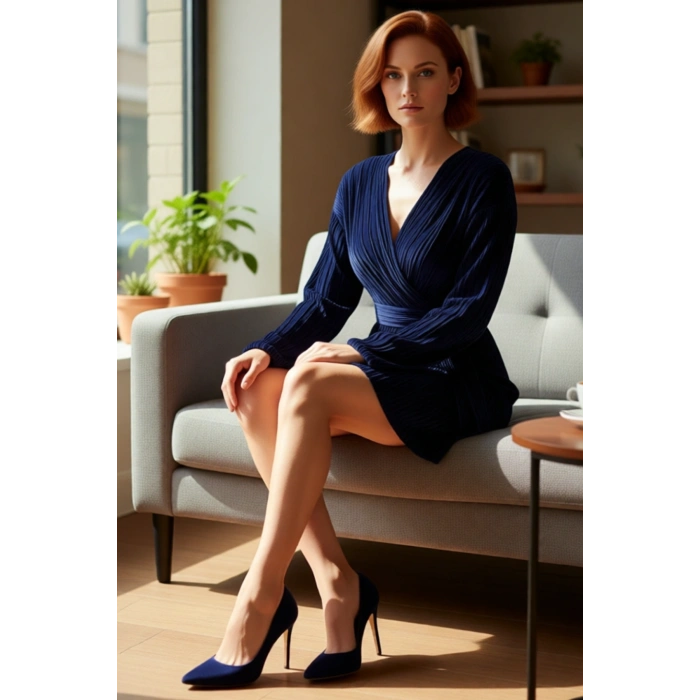 Kadın Şık Uzun Kol Piliseli Polyester Kruvaze Mini A Kesim Bağlama Detaylı Gece Elbisesi Kış Sezonu