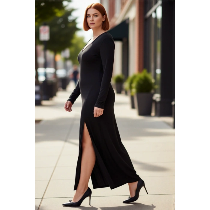 Kadın Şık V Yaka Düz Örme Maxi Elbise Uzun Kollu A Kesim Kış Ve Geçiş Mevsimleri İçin İdeal