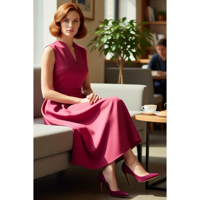 Kadın Şık V Yaka Kemerli Maxi Elbise Skater Kesim Saten Dokusuyla Özel Günler İçin İdeal Kaliteli