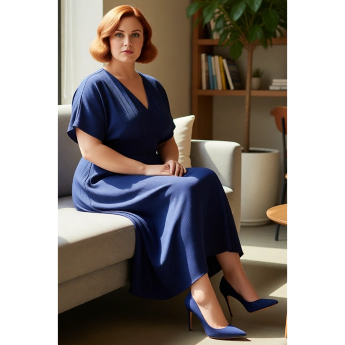 Kadın Şık V Yaka Kısa Kol A Line Büyük Beden Maxi Elbise Dokuma Crinkle Kumaş Rahat Giy Çık