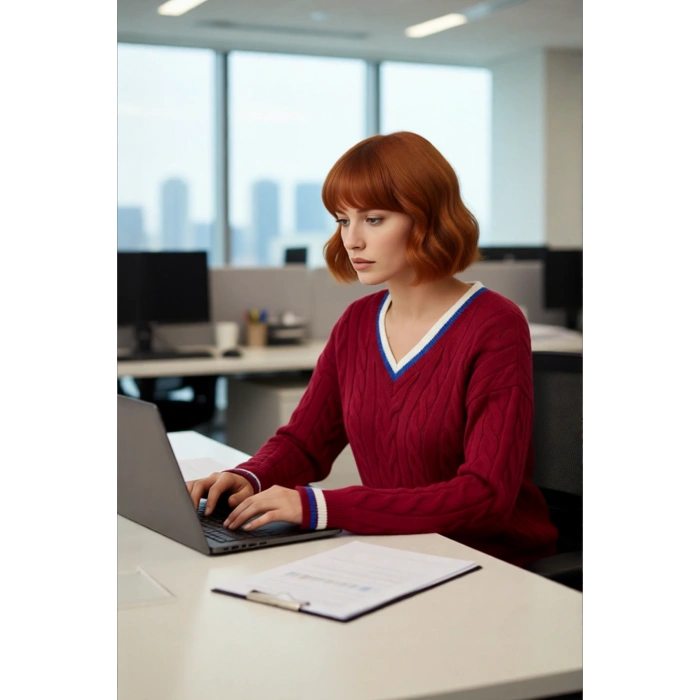 Kadın Şık V Yaka Kolej Temalı Triko Kazak Regular Kalıp Rahat Kullanım Orta Kalınlık Gündelik