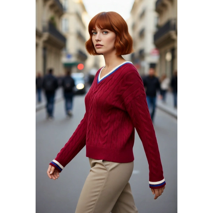 Kadın Şık V Yaka Kolej Temalı Triko Kazak Regular Kalıp Rahat Kullanım Orta Kalınlık Gündelik