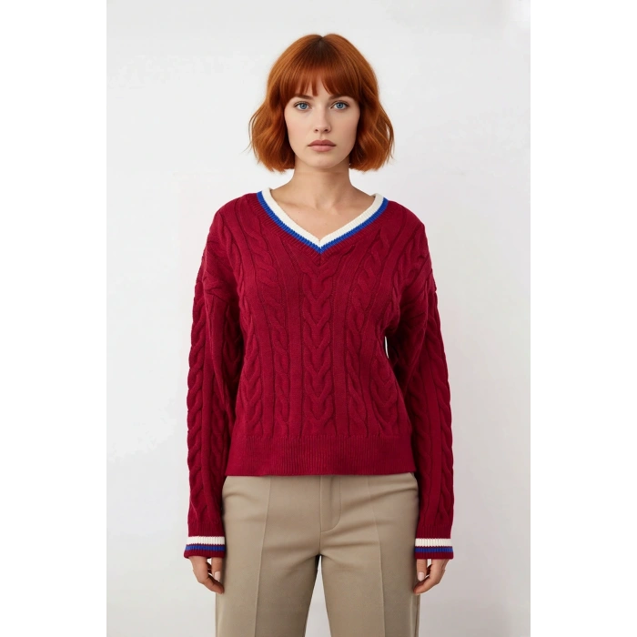 Kadın Şık V Yaka Kolej Temalı Triko Kazak Regular Kalıp Rahat Kullanım Orta Kalınlık Gündelik