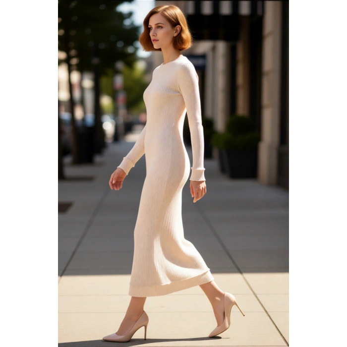 Kadın Şık Ve Konforlu Fitilli Triko Elbise Dik Yaka Uzun Kol Midi Boy Modern Günlük Stil Kaliteli