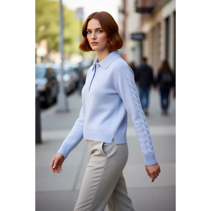 Kadın Şık ve Konforlu Günlük Regular Kalıp Polo Yaka Saç Örgü Triko Kışlık Kazak Kaliteli