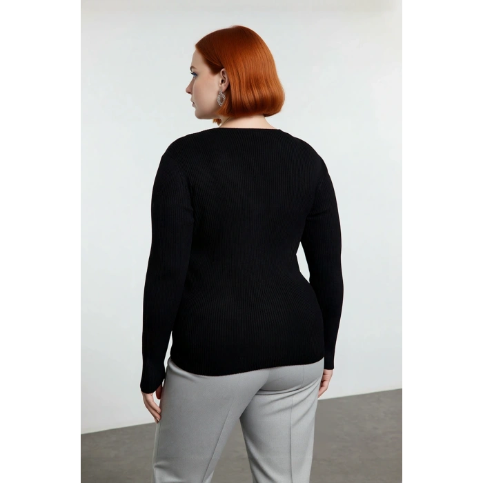 Kadın Şık ve Rahat Fitted Kalıp V Yaka Triko Kazak Düğüm Detaylı Fitilli Akrilik Örgü Kaliteli