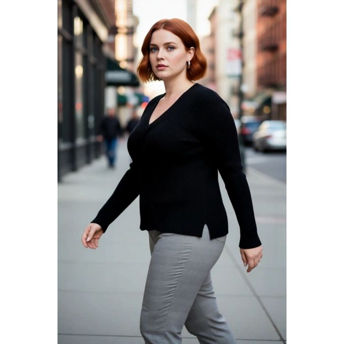 Kadın Şık ve Rahat Fitted Kalıp V Yaka Triko Kazak Düğüm Detaylı Fitilli Akrilik Örgü Kaliteli