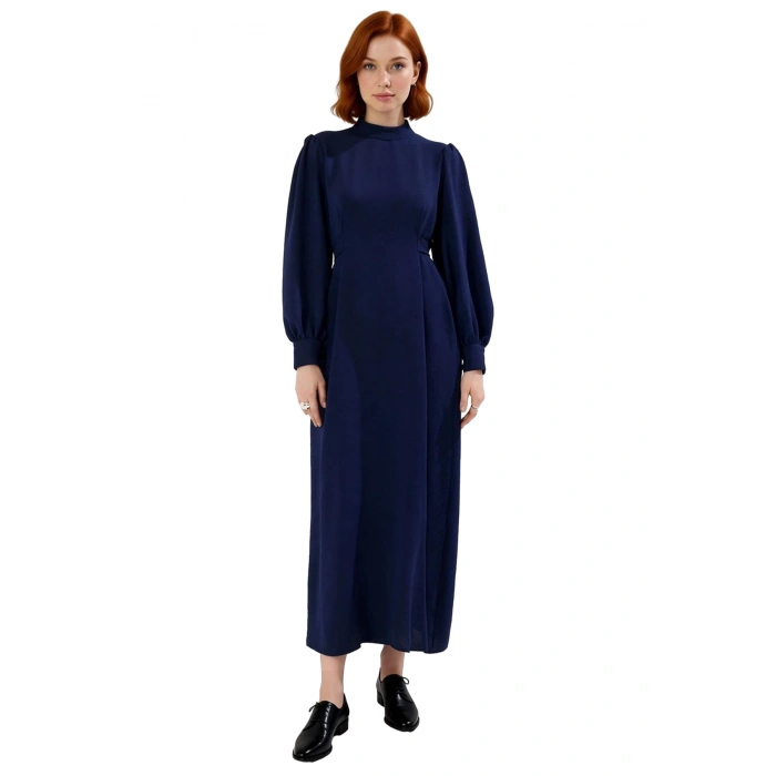 Kadın Şık ve Rahat Lacivert Düz Desen Aerobin Dokuma Balon Kol Dik Yaka Maxi Elbise Kaliteli