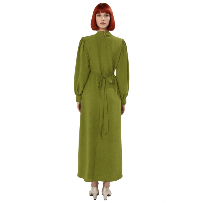 Kadın Şık ve Rahat Lacivert Düz Desen Aerobin Dokuma Balon Kol Dik Yaka Maxi Elbise Kaliteli