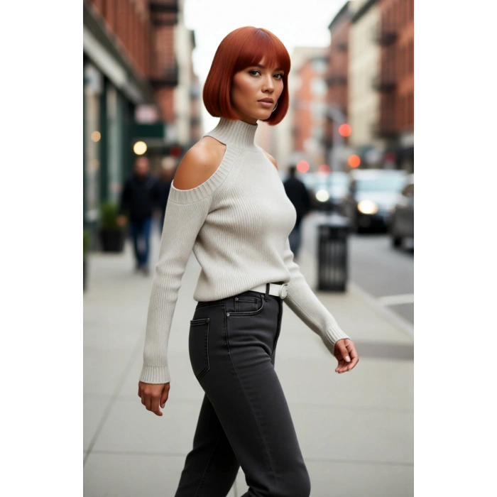 Kadın Sim Detaylı Dik Yaka Regular Kalıp Reglan Kol Triko Omuz Kesimli Soğuk Hava Kazağı Kaliteli