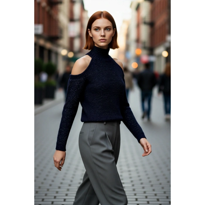 Kadın Sim Detaylı Dik Yaka Regular Kalıp Reglan Kol Triko Omuz Kesimli Soğuk Hava Kazağı Kaliteli