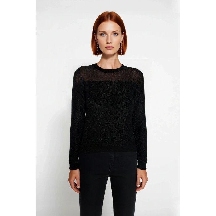 Kadın Simli Transparan Detaylı Bisiklet Yaka İnce Triko Kazak İlkbahar Sonbahar Günlük Şıklık