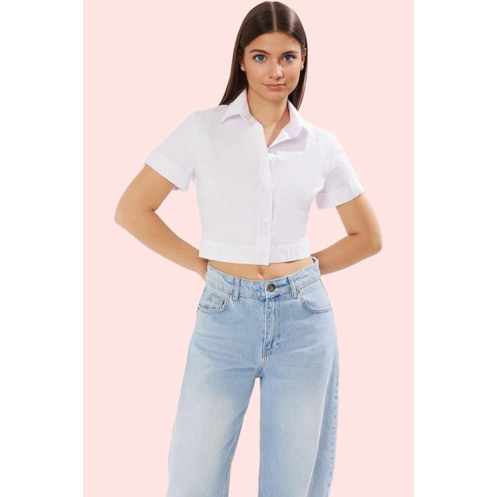 Kadın Sırt Bağcıklı Crop Gömlek Terrycotton Dokuma Günlük Kullanım İçin Rahat Kesim Hafta Sonu