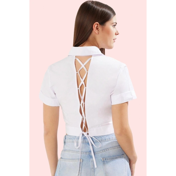 Kadın Sırt Bağcıklı Crop Gömlek Terrycotton Dokuma Günlük Kullanım İçin Rahat Kesim Hafta Sonu