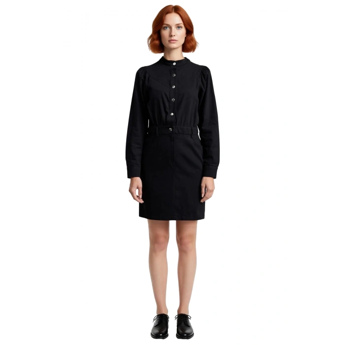 Kadın Siyah %100 Pamuk Dik Yaka Uzun Kollu Modern Kesim Dokuma Gabardin Mini Boy Günlük Elbise